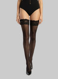Bas autofixants noirs 20 deniers en nylon avec résille et dentelle florale