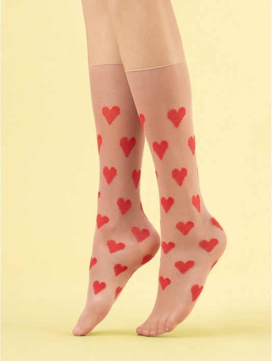 Chaussettes voile nude à motif coeur rouge 8 Den LOVE ME Fiore